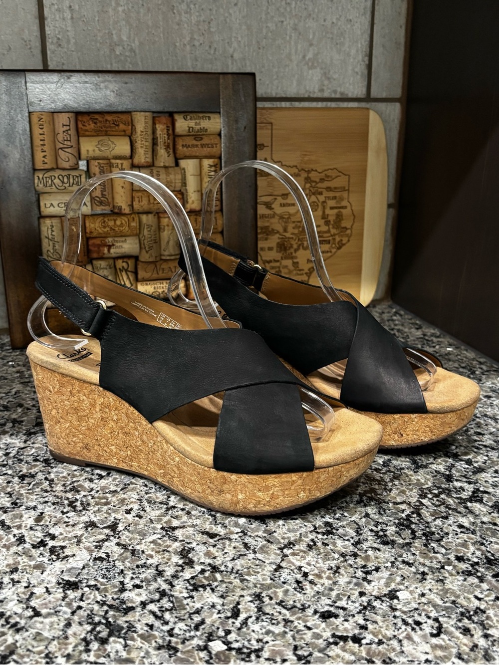 Clarks Collection Annadel Eirwyn Black Nubuck Platform Cork Wedge Heels Size 7